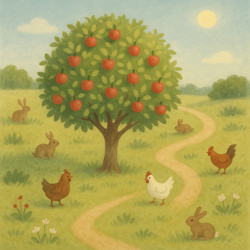 un pommier plein de pommes dans un champ avec des lapins et des poules